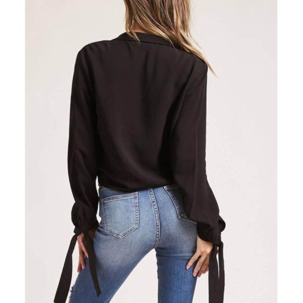Forever 21 Black Woven Open Tie Front Top Small - Picture 3 of 4